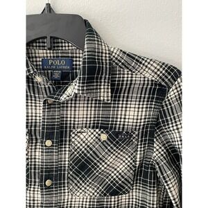 Polo Ralph Lauren Flannel Shirt Boys Medium 10-12 Black White Plaid Button Up‎